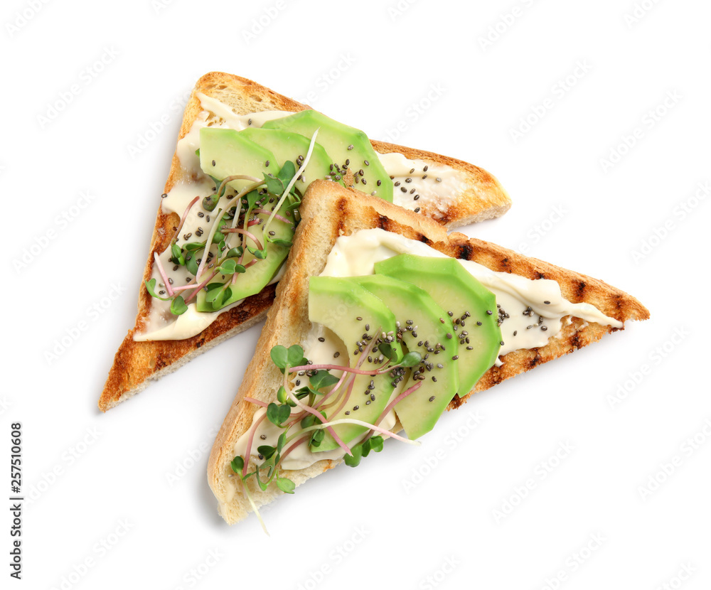 Tasty toasts with avocado, sprouts and chia seeds on white background, top view
