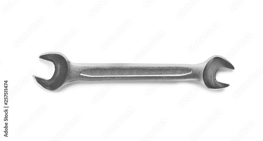 New wrench on white background, top view. Plumber tools New wrench on white background, top view. Plumber tools