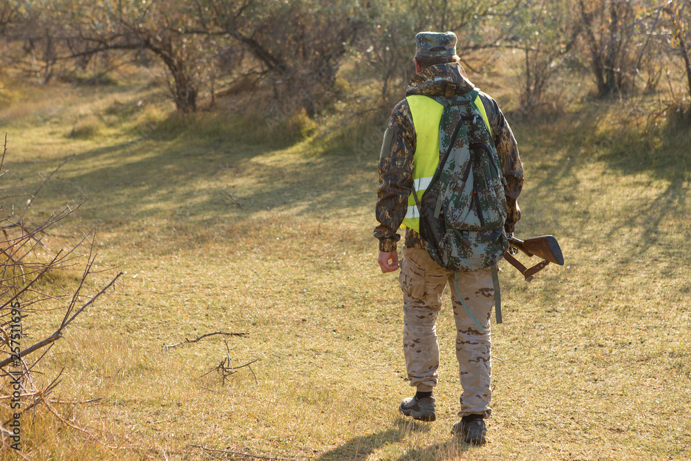 Hunters with a german drathaar and spaniel, pigeon hunting with dogs in reflective vests Hunters with a german drathaar and spaniel, pigeon hunting with dogs in reflective vests
