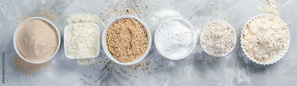 Gluten free concept - selection of alternative flours and ingredients, copy space Gluten free concept - selection of alternative flours and ingredients, copy space
