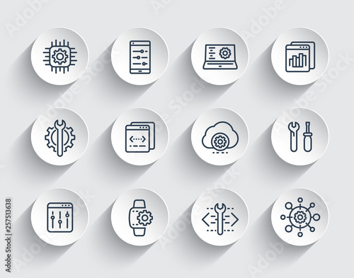 development, configuration, engineering, settings, repair service line icons set