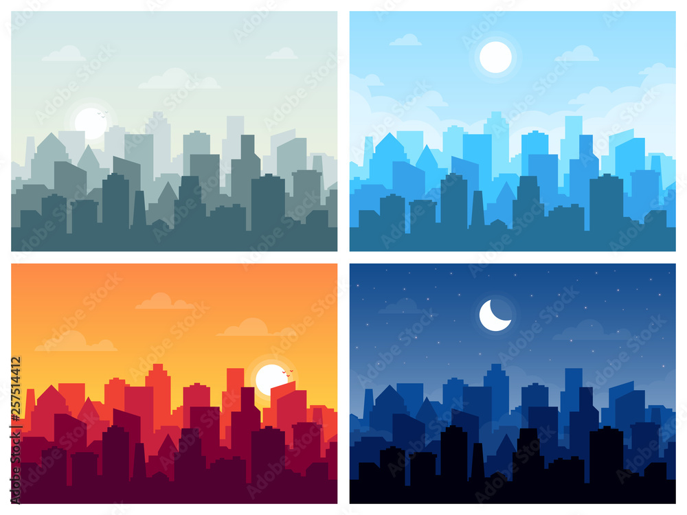 Set of city skyline vector illustration in flat style.