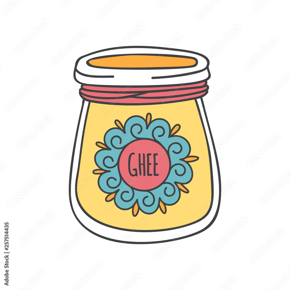 Ghee. Vector illustration of traditional Indian ghee butter. Cute doodle jar with a decorative rope and a round shaped label with ornament. Healthy eating and Culinary topic. Ghee. Vector illustration of traditional Indian ghee butter. Cute doodle jar with a decorative rope and a round shaped label with ornament. Healthy eating and Culinary topic.