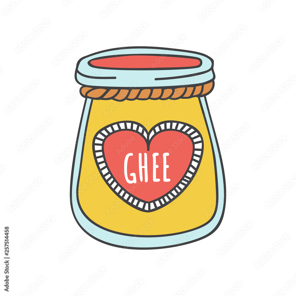 Ghee. Vector illustration of a glass with Indian ghee butter. Cute doodle jar with a decorative rope and a heart shaped label. Cartoon element on Healthy eating and Culinary topic. Ghee. Vector illustration of a glass with Indian ghee butter. Cute doodle jar with a decorative rope and a heart shaped label. Cartoon element on Healthy eating and Culinary topic.