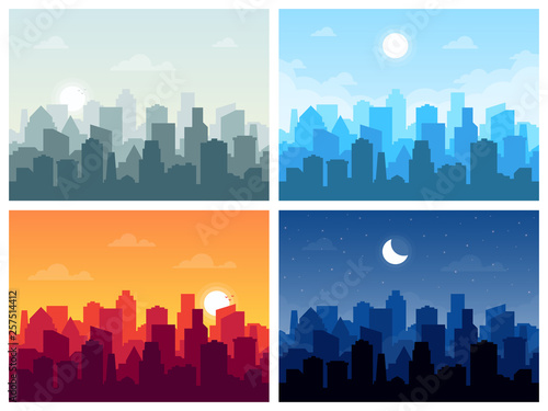 Set of city skyline vector illustration in flat style.