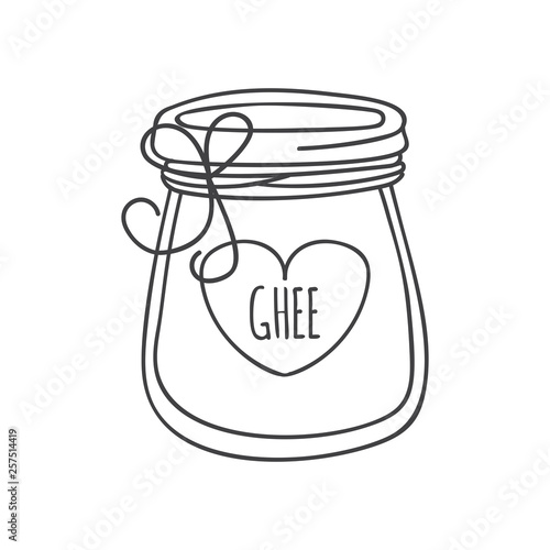 Ghee. Outline vector illustration of a glass with Indian ghee butter. Cute doodle jar with a decorative rope and a heart shaped label isolated on white. Ayurveda, healthy eating and culinary theme. 