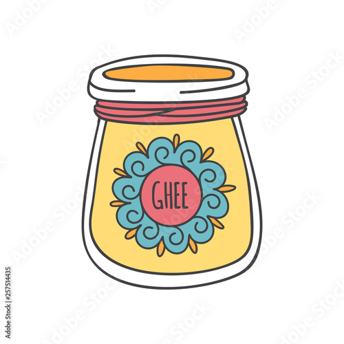 Ghee. Vector illustration of traditional Indian ghee butter. Cute doodle jar with a decorative rope and a round shaped label with ornament. Healthy eating and Culinary topic. 