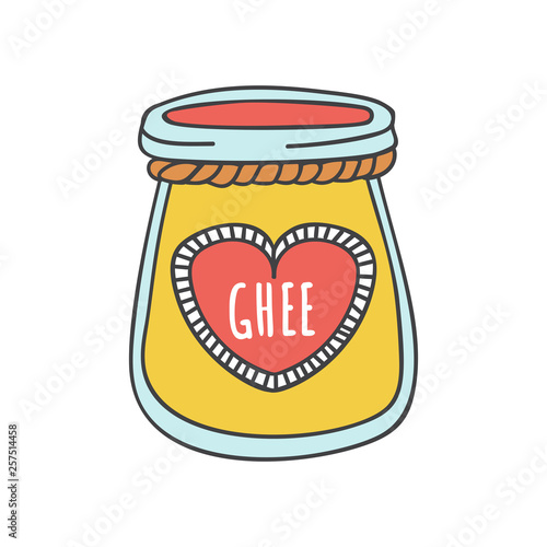 Ghee. Vector illustration of a glass with Indian ghee butter. Cute doodle jar with a decorative rope and a heart shaped label. Cartoon element on Healthy eating and Culinary topic. 