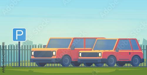 Parking lot with car in city. Sign for parking area. Flat vector.