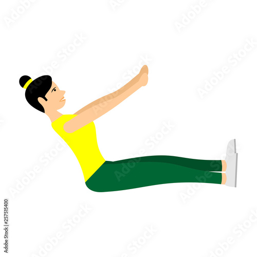 Young girl doing exercises or aerobic in the gym. Arms, legs and butt training for women. Fitness exercises for strong and beautiful body. Vector women icon of gym  isolated on white background.  
