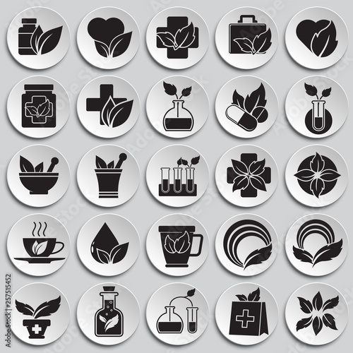 Phytoterapy icons set on plates background for graphic and web design. Simple vector sign. Internet concept symbol for website button or mobile app.