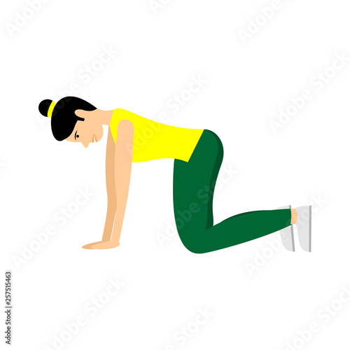 Young girl doing exercises or aerobic in the gym. Arms, legs and butt training for women. Fitness exercises for strong and beautiful body. Vector women icon of gym  isolated on white background.  