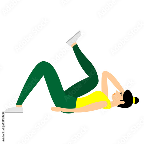 Young girl doing exercises or aerobic in the gym. Arms, legs and butt training for women. Fitness exercises for strong and beautiful body. Vector women icon of gym  isolated on white background.  