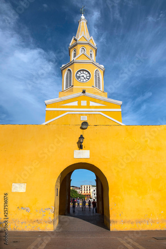 Clock Tower (Torre del Reloj) and main gate of old city wall in Cartagena, Bolivar, Colombia