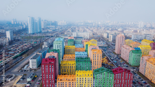 Photography panoramic aerial view of colorful (red, green, blue, yellow) buildings on city street