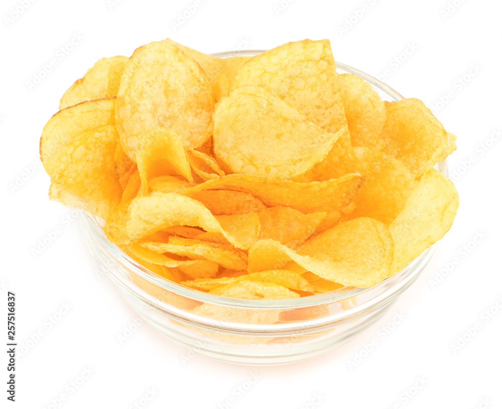 Potato chips bowl isolated on white background, with clipping path Potato chips bowl isolated on white background, with clipping path