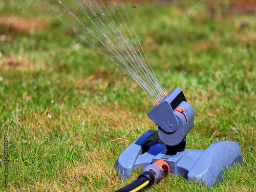 Oscillating irrigation sprinkler of the lawn at noon close-up