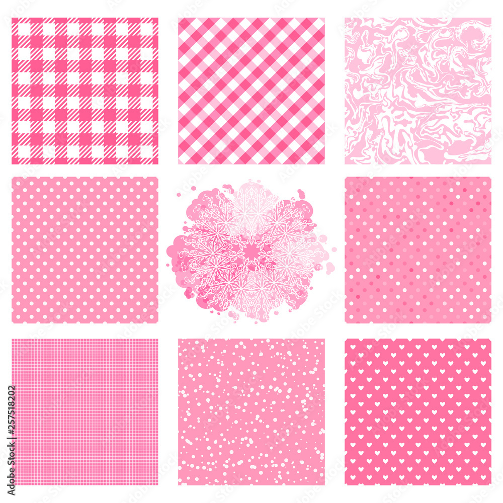 Set seamless patterns with pink color texture. Different polka dot, checkered pattern. Vector Abstract surface design