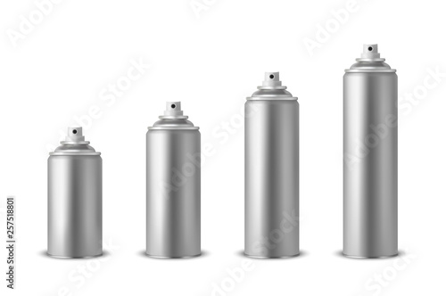 Vector 3d Realistic Silver Blank Spray Can, Spray Bottle Set Closeup Isolated on White Background. Design Template of Sprayer Can for Mock up, Package, Advertising, Hairspray, Deodorant etc