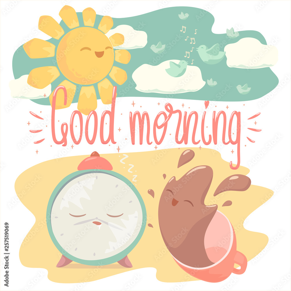 Vector illustration of sleeping alarm clock and cheerful cup of coffee, with Good Morning lettering and with sun, clouds and singing birds. Vector illustration of sleeping alarm clock and cheerful cup of coffee, with Good Morning lettering and with sun, clouds and singing birds.