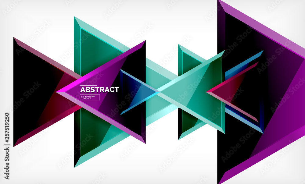 Triangles repetiton geometric abstract background, multicolored glossy triangular shapes, hi-tech poster cover design or web presentation template with copy space Triangles repetiton geometric abstract background, multicolored glossy triangular shapes, hi-tech poster cover design or web presentation template with copy space