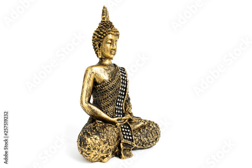 Bilde på lerret Buddha sculpture with golden color and vintage overall look isolated on white ba