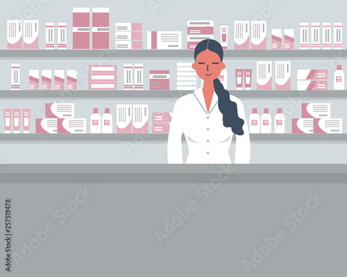 Web banner of a pharmacist. Young woman in the workplace in a pharmacy: standing in front of shelves with medicines. Vector flat illustration