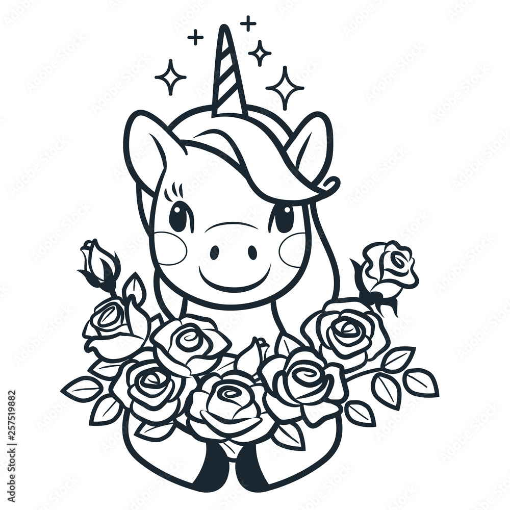 Cute unicorn with roses simple cartoon vector coloring page