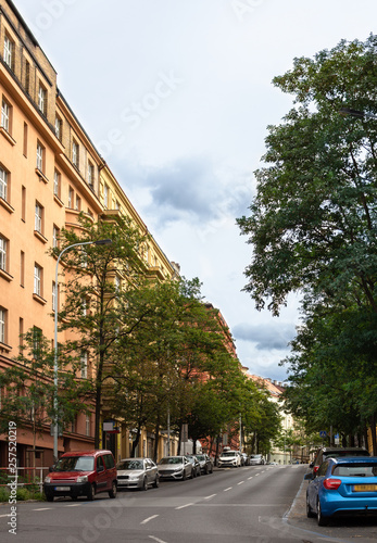 Canvas Print Quiet street with cars in Prague rainy autumn