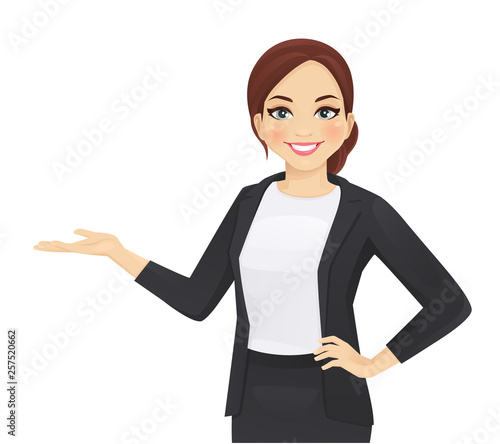 Vector: Elegant business woman in black dress showing isolated vector illustration Elegant business woman in black dress showing isolated vector illustration