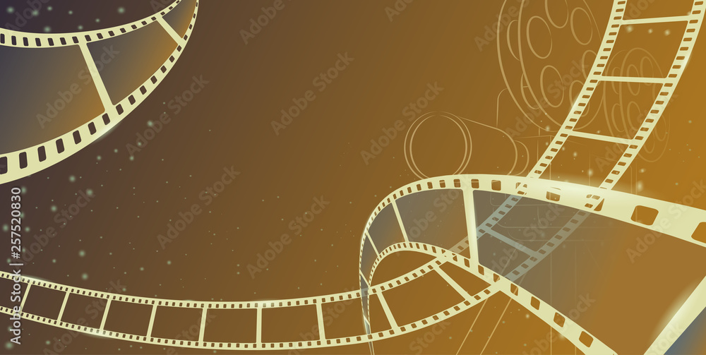 Cinema motion picture with different film reel in 3d isometric style movie camera with film spotlight. Design element template for Sale cinema theatre tickets, movie time and entertainment concept