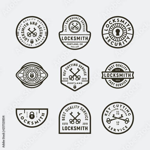 set of vintage locksmith logos. retro styled key cutting service emblems. vector illustration