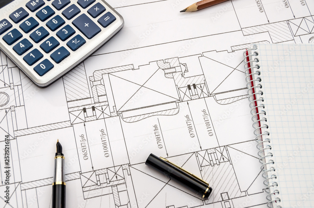 engineering drawing compass calculator pen - close up engineering drawing compass calculator pen - close up