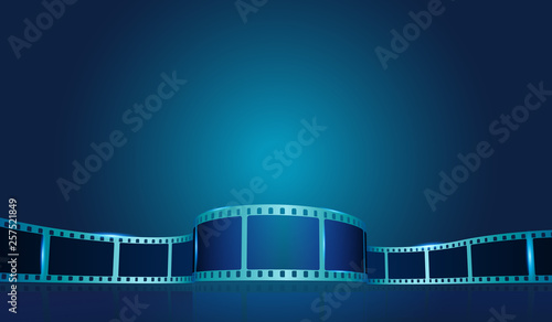 Old film strip frame on the blue background. Vector cinema festival poster, banner or flyer background. Art design reel cinema filmstrip template. Movie time and entertainment concept. EPS 10