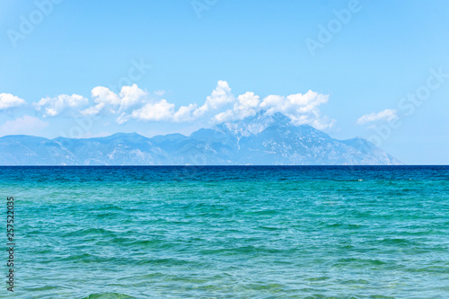 Seascape with view of  Holy Mount Athos seen from Sithonia peninsula.