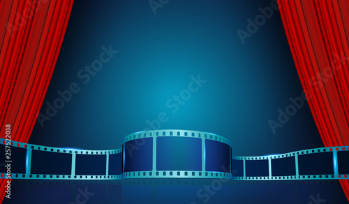 Film strip frame behind Red Curtains. Vector cinema festival poster, banner or flyer background. Art design reel cinema filmstrip template. Movie time and entertainment concept. Vector illustration