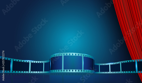 Film strip frame by Red Curtain. Cinema festival poster, banner or flyer background. Creative vector illustration of old film strip frame.Art design reel cinema filmstrip template.