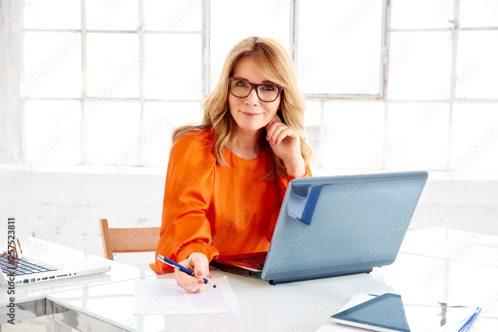 Businesswoman working on notebook in the office Businesswoman working on notebook in the office