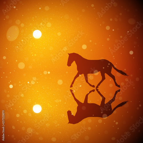 Running horse at red sunset. Vector conceptual illustration with silhouette of beautiful animal reflected in water in park. Summer bright landscape with setting sun and flying fluff