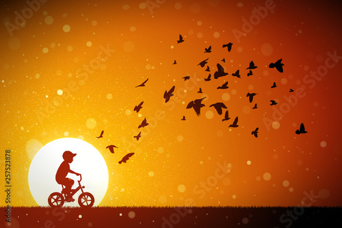 Boy on bike and pigeons at red sunset. Vector conceptual illustration with silhouettes of child on bicycle and flocks of birds in park. Summer bright landscape with setting sun and flying fluff