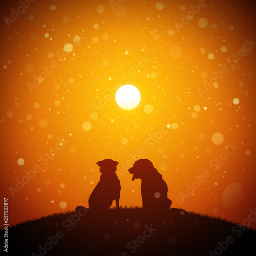 Dog friends at red sunset. Vector conceptual illustration with silhouettes of two animals sitting on hill in park. Summer bright landscape with setting sun and flying fluff