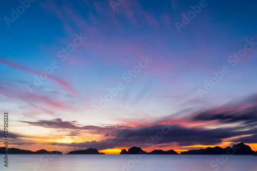 Colorful sunset over Bacuit Bay, El Nido, Palawan, Philippines photo