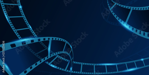 Collection film strip frame isolated on blue background. Old cinema banner with stripe roll. Art design reel cinema filmstrip template. Vector illustration