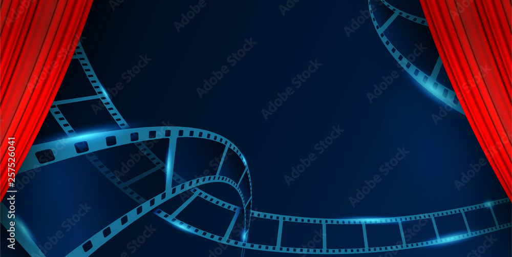 Collection film strip frame behind Red Curtains. Vector cinema festival poster, banner or flyer background. Art design reel cinema filmstrip template. Movie time and entertainment concept.
