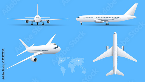 Airplanes on blue background. Industrial blueprint of airplane. Airliner in top, side, front view. Flat style vector illustration.