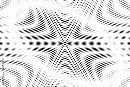 Black and white halftone vector background. Oval gradient on frequent dotwork texture. Centered dotted halftone.
