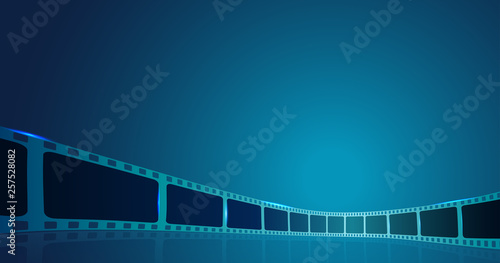 Film strip roll frame cinema on the blue background. Vector cinema festival poster, banner or flyer background. Art design reel cinema filmstrip template.Movie time and entertainment concept. EPS 10