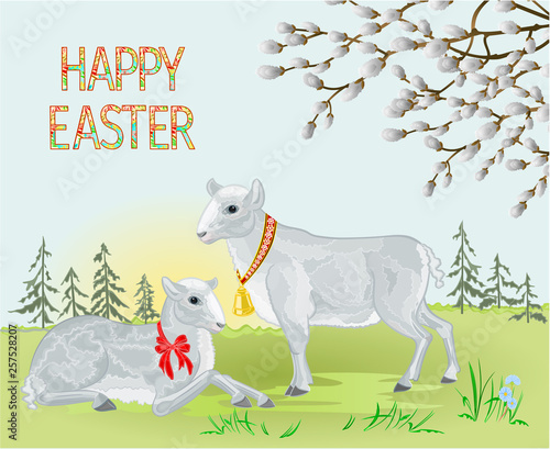 Spring landscape forest and Easter lamb on the meadow and pussy willow  with daffodil vintage vector illustration editable hand draw