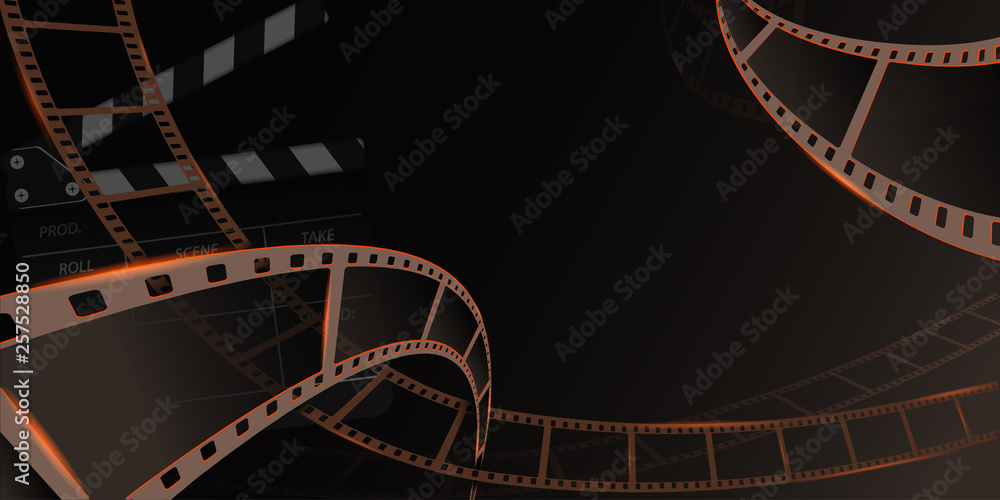 Different film strip frame with clapperboard isolated on dark background. Design template cinema festival banner, brochure, flyer, poster, tickets, leaflet. Vector illustration in 3d isometric style. 