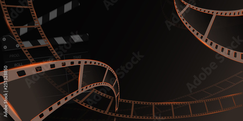 Different film strip frame with clapperboard isolated on dark background. Design template cinema festival banner, brochure, flyer, poster, tickets, leaflet. Vector illustration in 3d isometric style. 